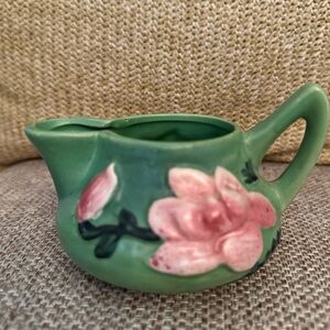 Roseville Magnolia Creamer Vintage green pink Cottagecore Kitchen